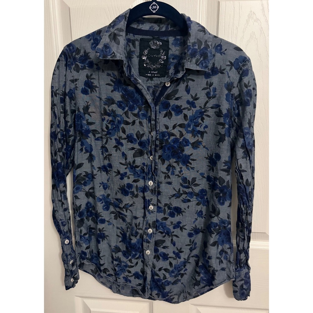 Cino | Blue Denim Chambray Floral Button Down Crinkle Shirt Women's Sz XS